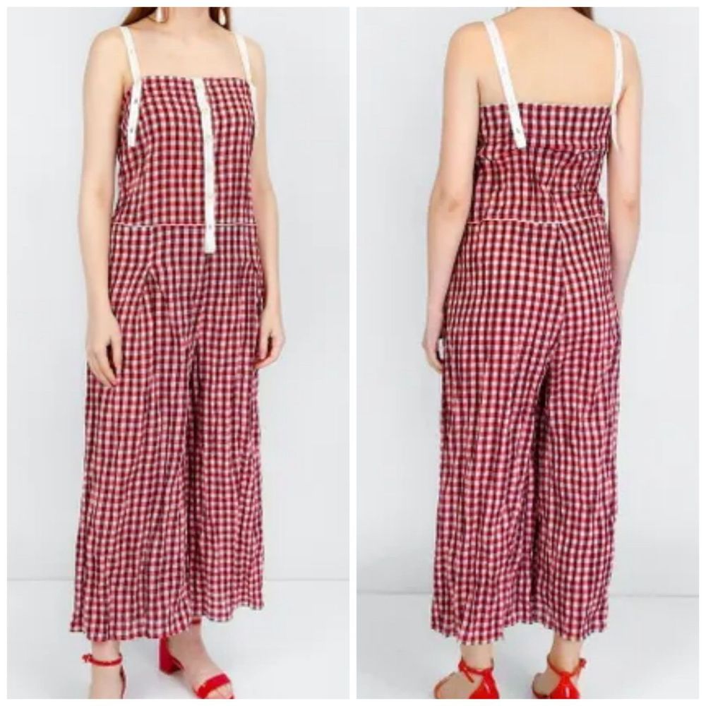 AVN ITALY Red White Gingham Vichy Check Sleeveless Jumpsuit Crushed Cotton 42 M